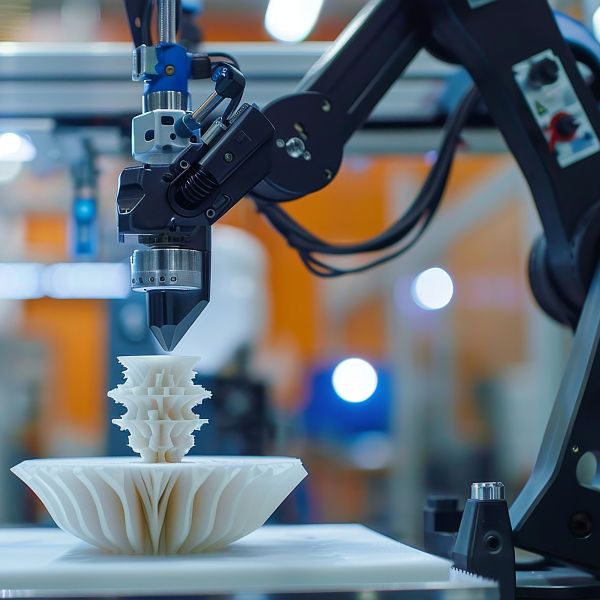 Robotic Arm 3D Printing Intricate Object in Modern Manufacturing Facility